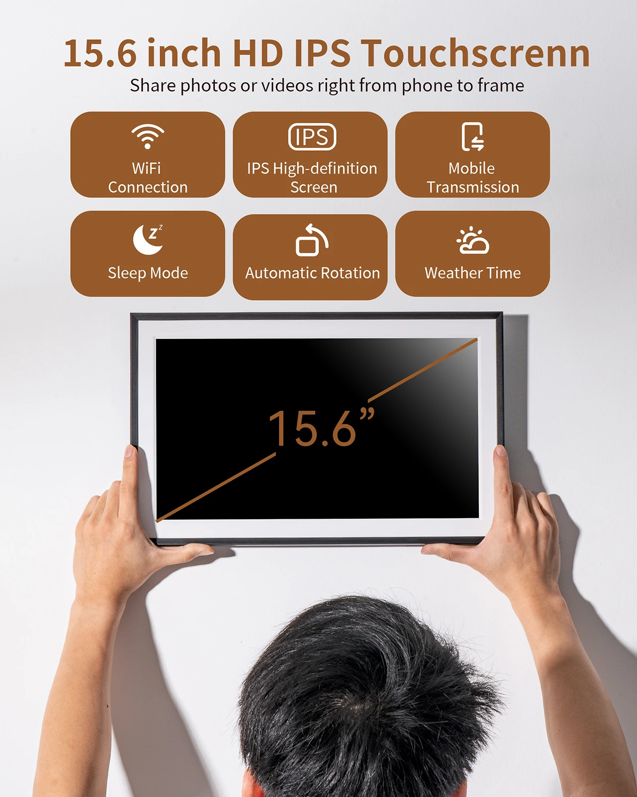 32GB 15.6인치 프레임오 디지털 액자 WiFi, 대형 전자 사진 액자 1920 x 1080 IPS FHD 터치 스크린, 사진을 Y에서 전송