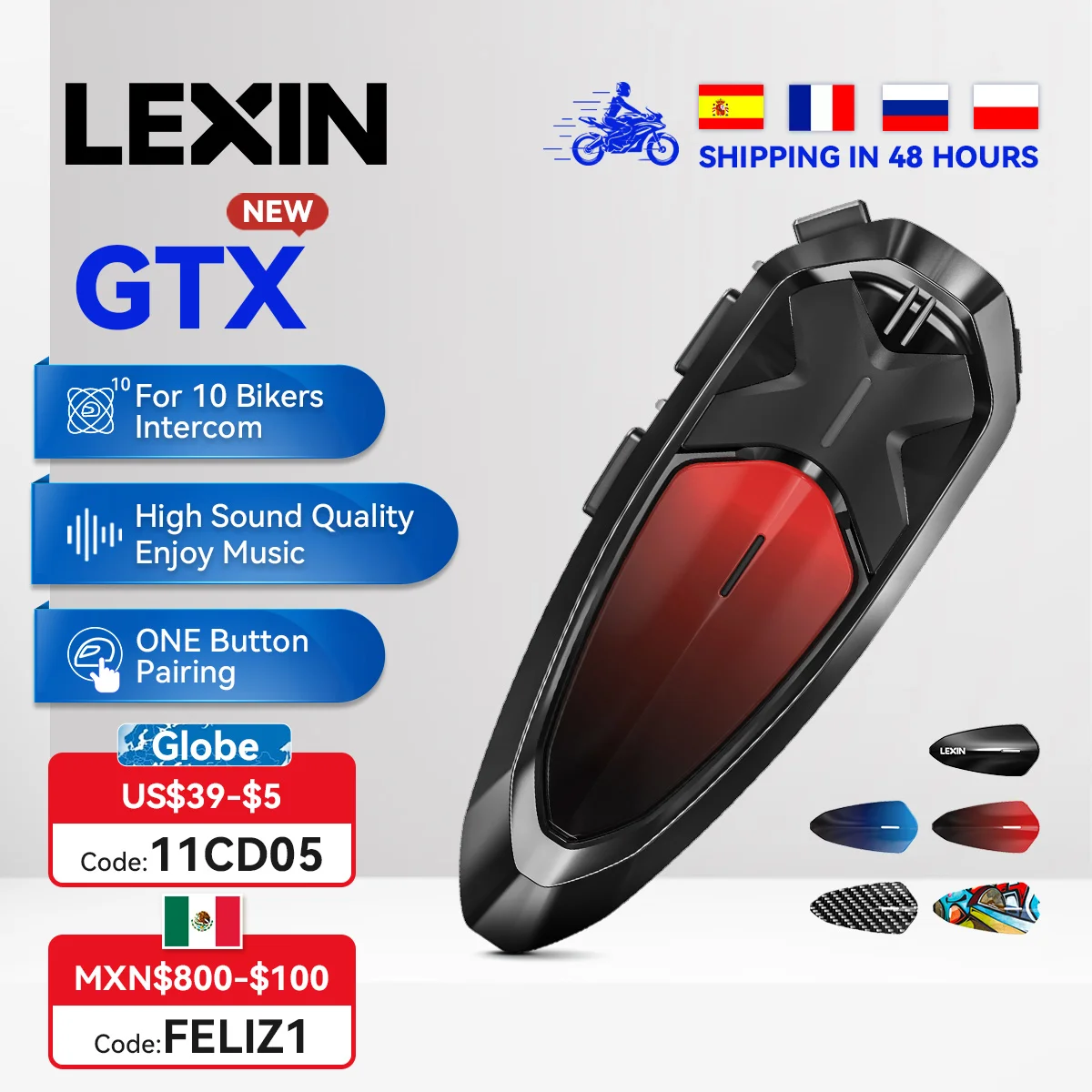 

Lexin GTX 1pcs Intercom Bluetooth For Motorcycle Helmet Headset Support Intercom& Listen to Music At One Time10 Riders 2000m