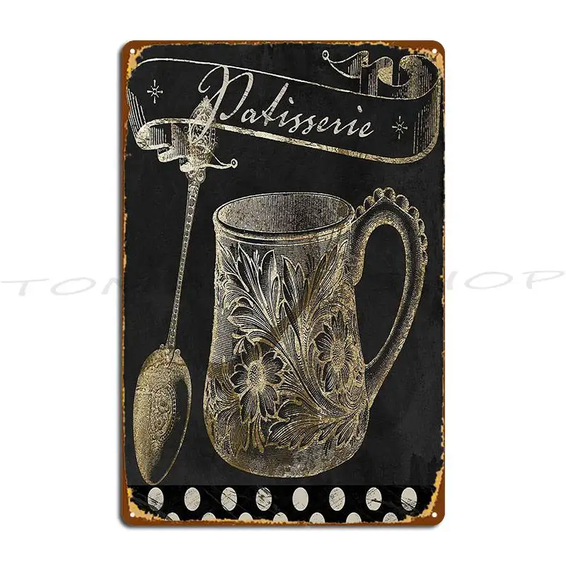 Bistro Parisienne Patisserie Gold Metal Plaque Kitchen Wall Mural Club Bar Customize Printing Tin Sign Poster