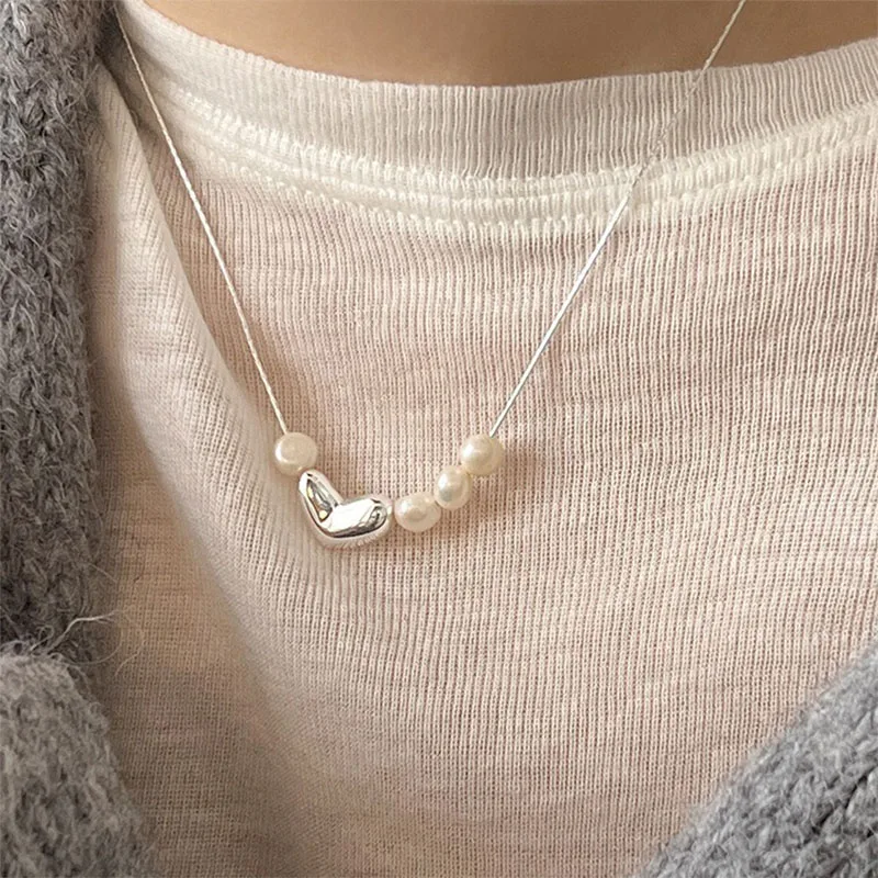 Foxanry Irregular Love Heart Pearl Necklace For Women Girls Sweet Fashion Simple Elegant Clavicle Chain Anniversary Jewelry Gift