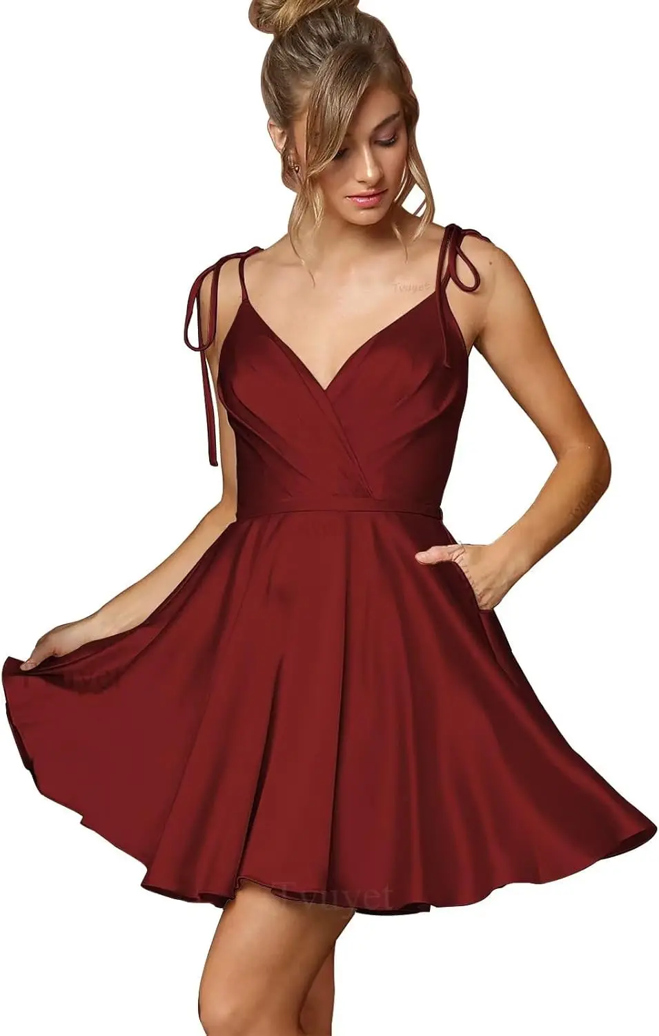 

Женские платья для встречи выпускников с V-образным вырезом для подростков с карманами Короткое платье для выпускного вечера Атласное вечернее бальное платье выше колена, мини