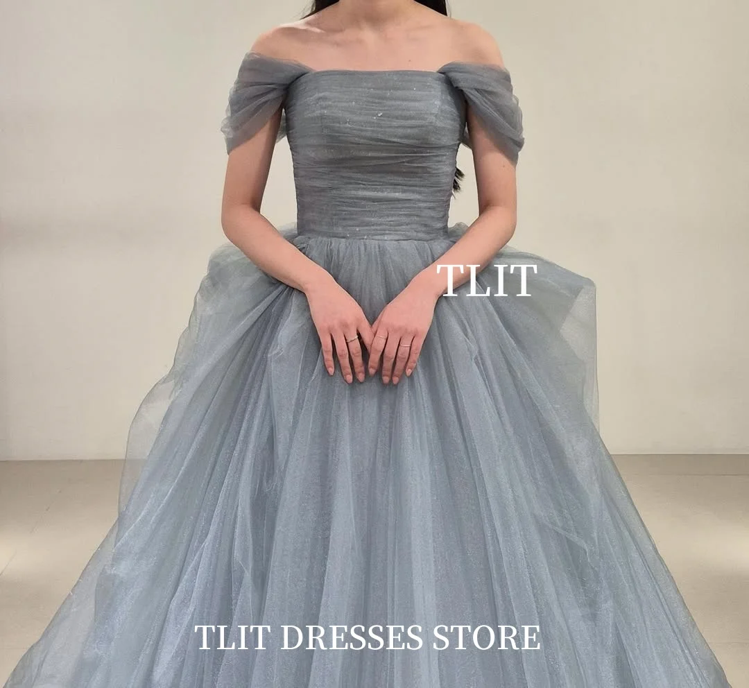 فستان سهرة أنيق من TLIT بالضباب الرماد من التول قبالة الكتف فستان حفلات الزفاف الكوري تبادل لاطلاق النار حسب الطلب