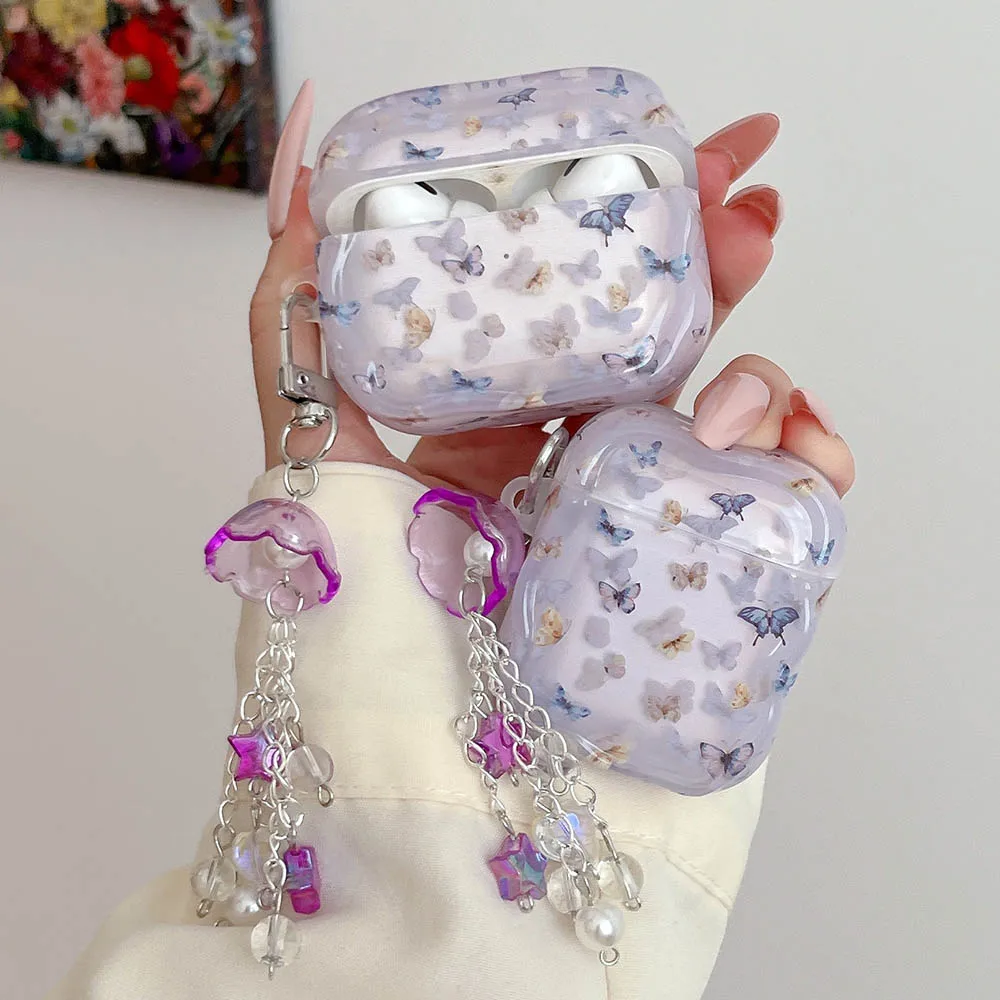 الأرجواني فراشة الرياح الرنين الحلي الحال بالنسبة AirPods Pro 2 3 4 AirPods Pro2 Pro3 Airpods4 لينة بولي TPU للصدمات غطاء سماعة الاذن