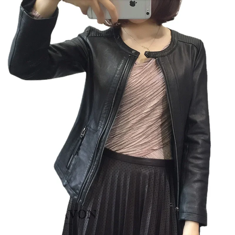 Chaqueta corta de motocicleta para Mujer, abrigo de piel de oveja Real de alta calidad, Tops a la moda, FCY372