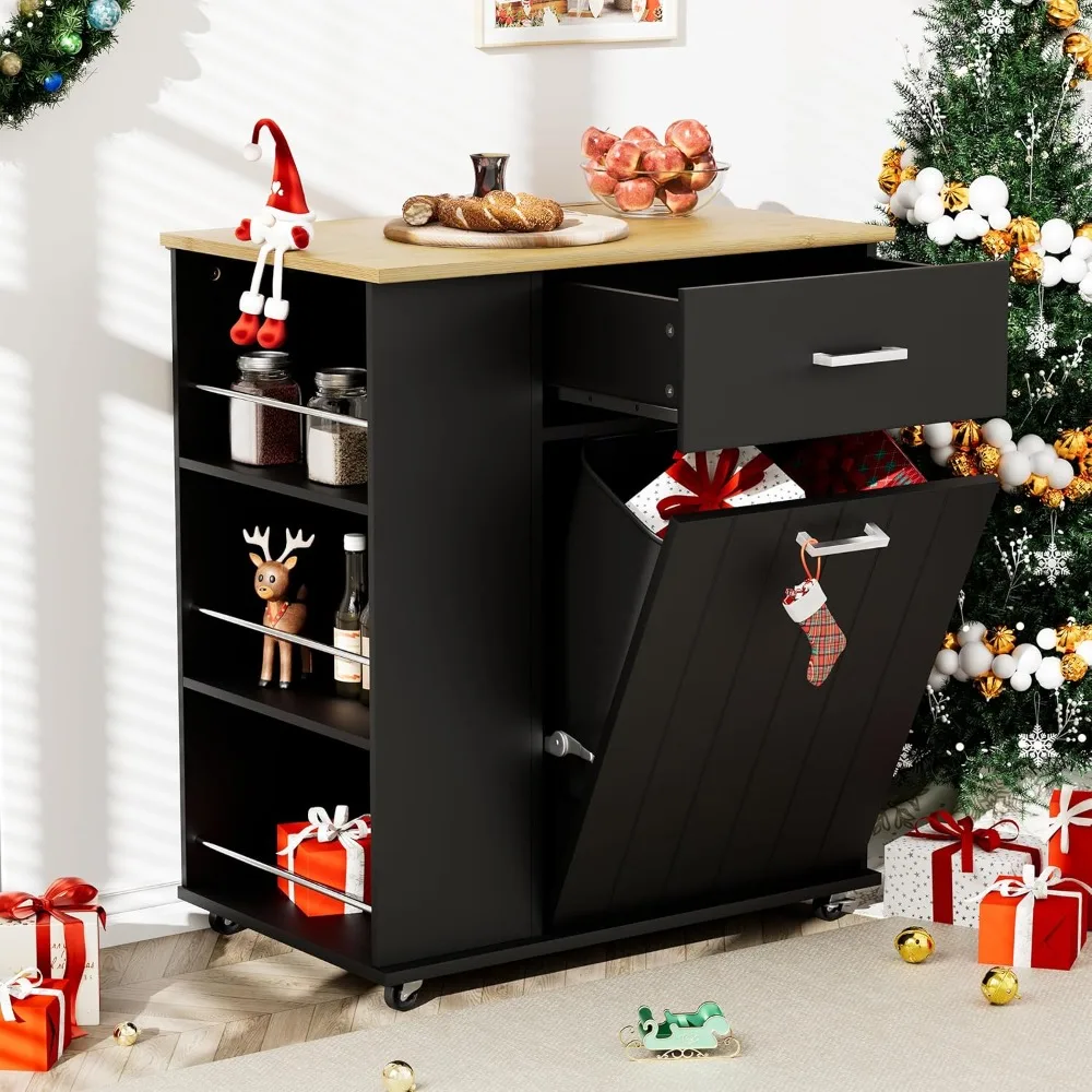 

Kitchen Island with Trash Can Storage, Portable Kitchen Island on Wheels with Towel Rack & Spice Rack, Tilt Out Trash