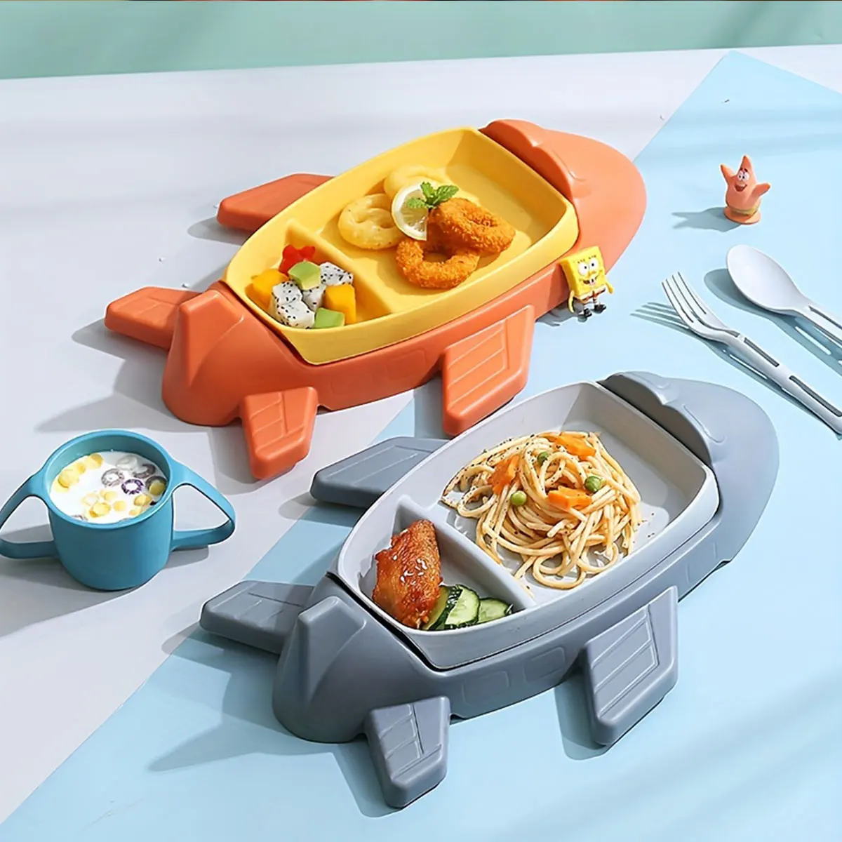 

Children's food tray separation board, creative bowl cartoon, car airplane baby food box, dining plate and cutlery set