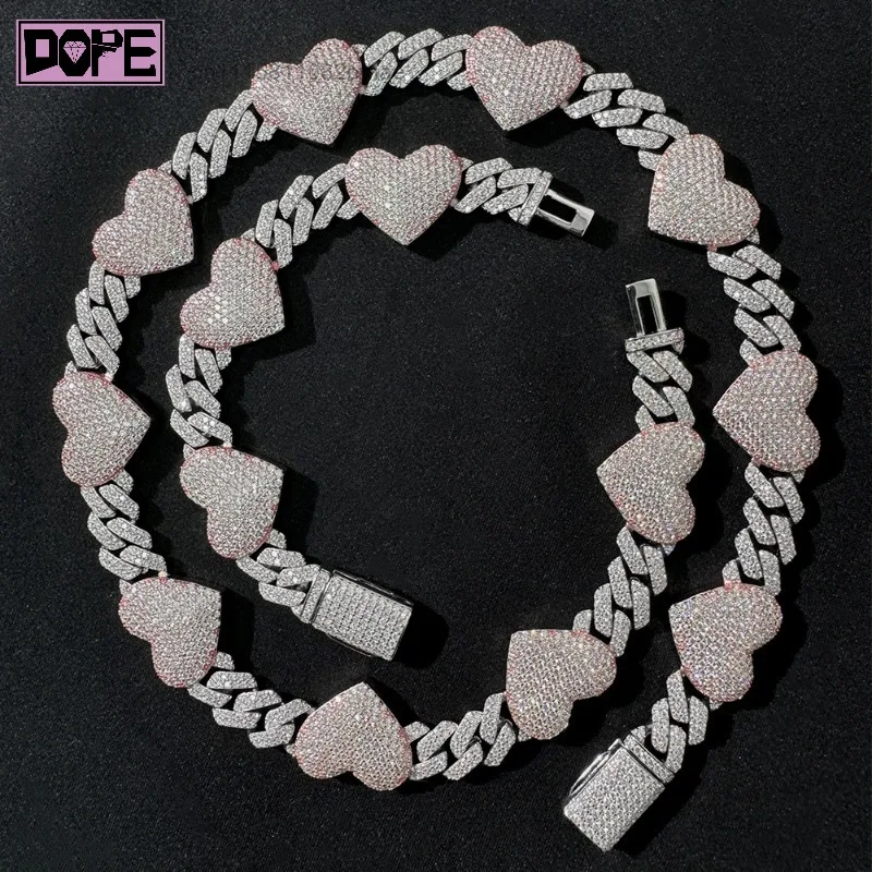 12mm Hiphop Cuban Link Chain Iced Out Rose Gold Heart Charm Plated 925 Silver VVS Moissanite GRA Certified Men Women Necklace，