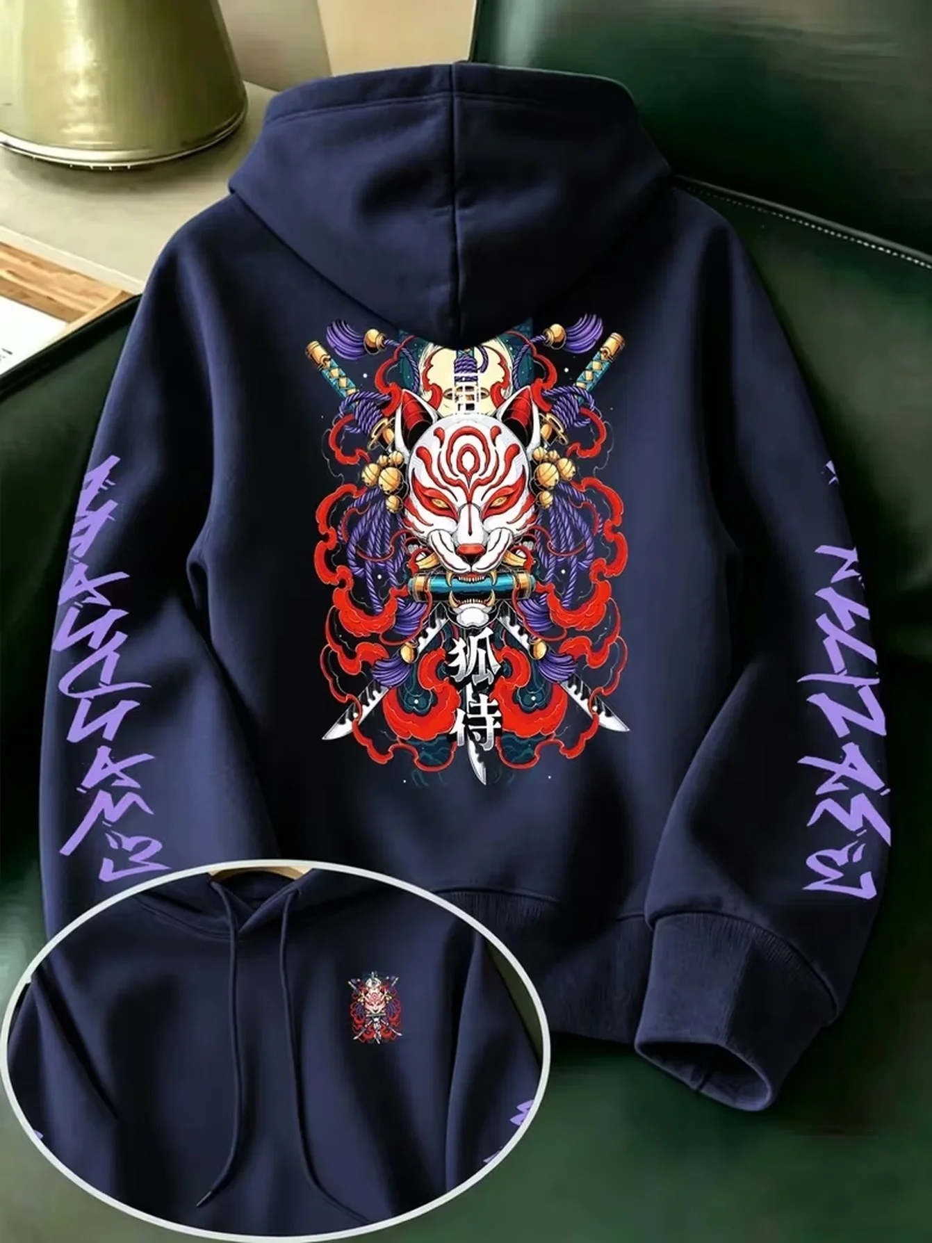 Mens Japanese Kitsune Fox Mask Hoodie Samurai Katana Cloud Kanji Sleeve Graphic Unisex Oversized Streetwear Autumn Winter