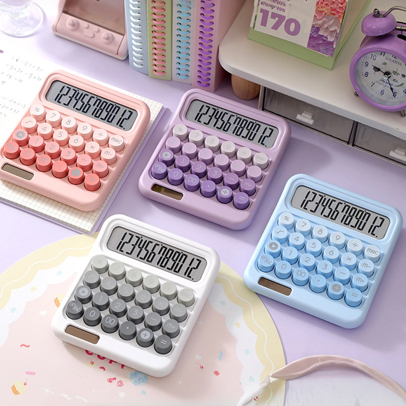 1 آلة حاسبة تعمل بالطاقة الشمسية بمصادر طاقة مزدوجة، حجم كبير، تصميم أنيق، أزرار دوبامين عالية التباين، نسخة أنثوية.