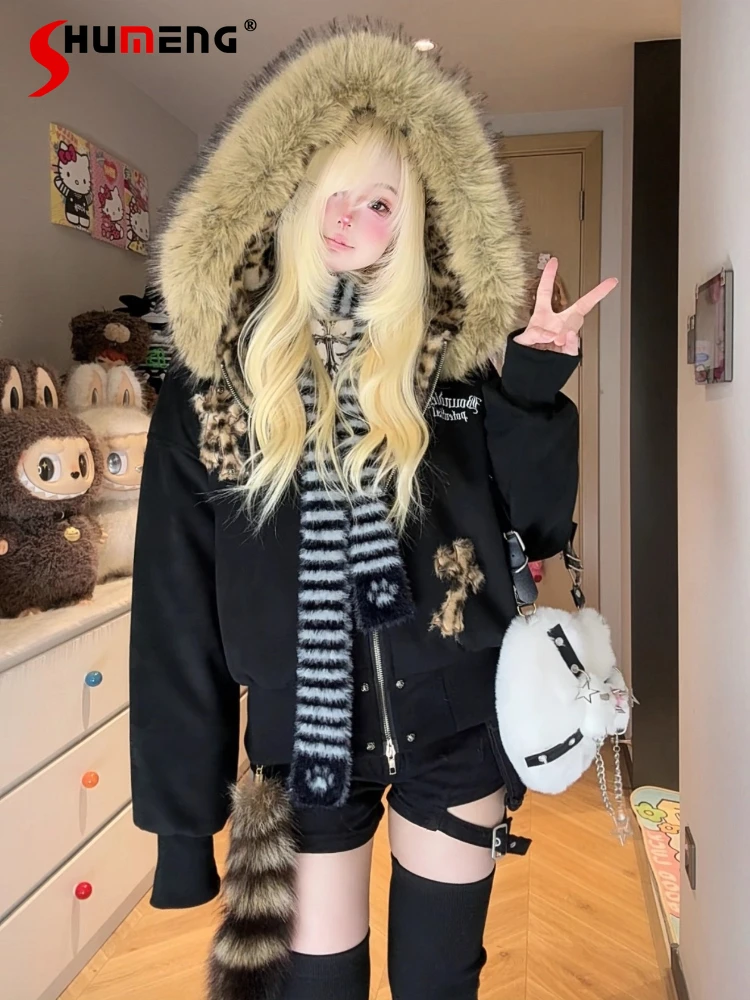 

Original Subculture Punk Sweet Cool Fashion Jacket Autumn Winter Girls' Loose Plush Warm Fleece Hooded Coat Student Y2K Jacket