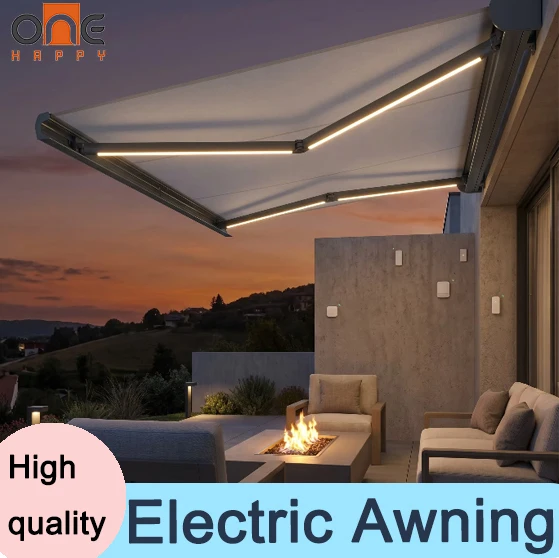Eye Catching Bold Color Full Cassette Electric Retractable Awning Modern Waterproof Sunshade For Outdoor Garden Decor