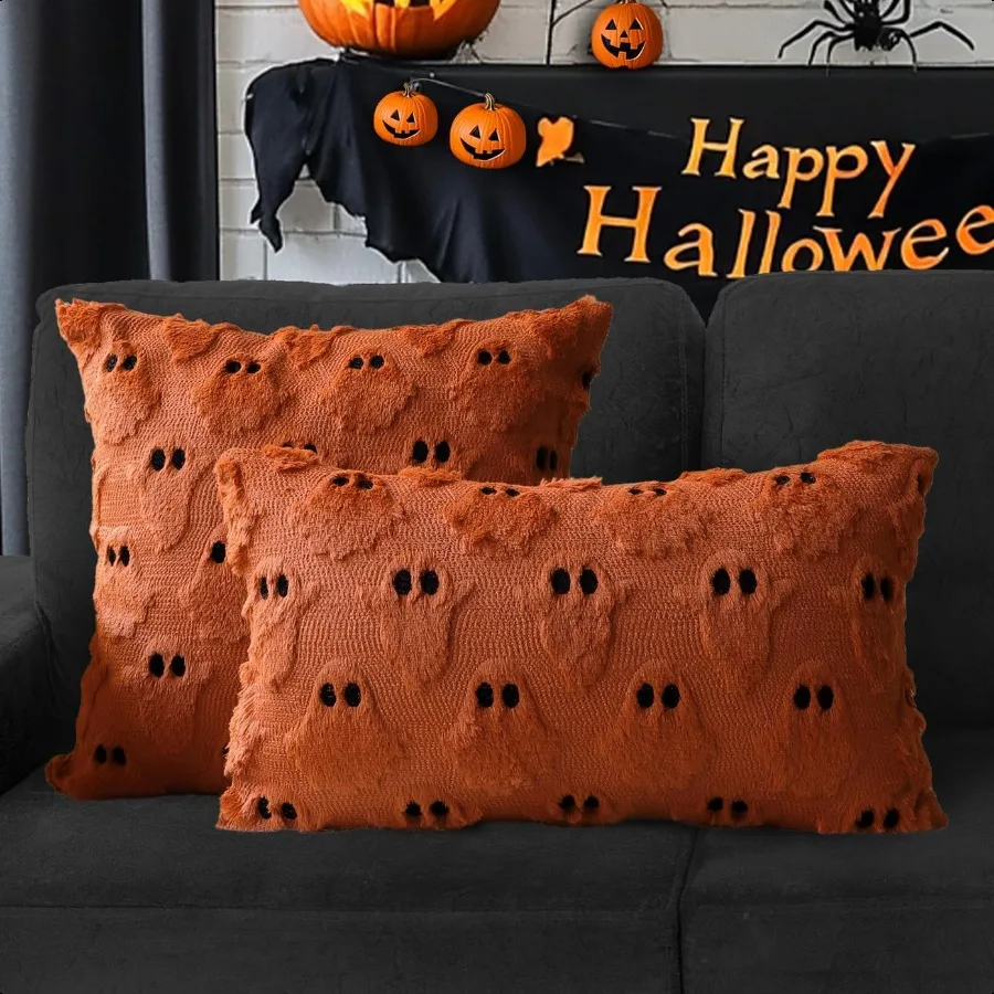 Housses d'oreiller décoratives fantôme d'halloween 18x18, lot de 2 taies de coussin en fausse fourrure douce rouge rouille pour l'automne