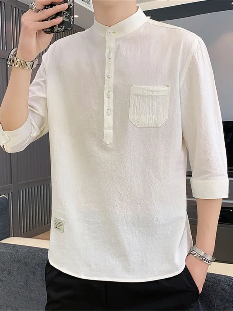 

Men's Summer ort Sve Cotton Linen T-irt Ne Pullover irt Cleanfit Sle Faionable Korean Version Seven Sve