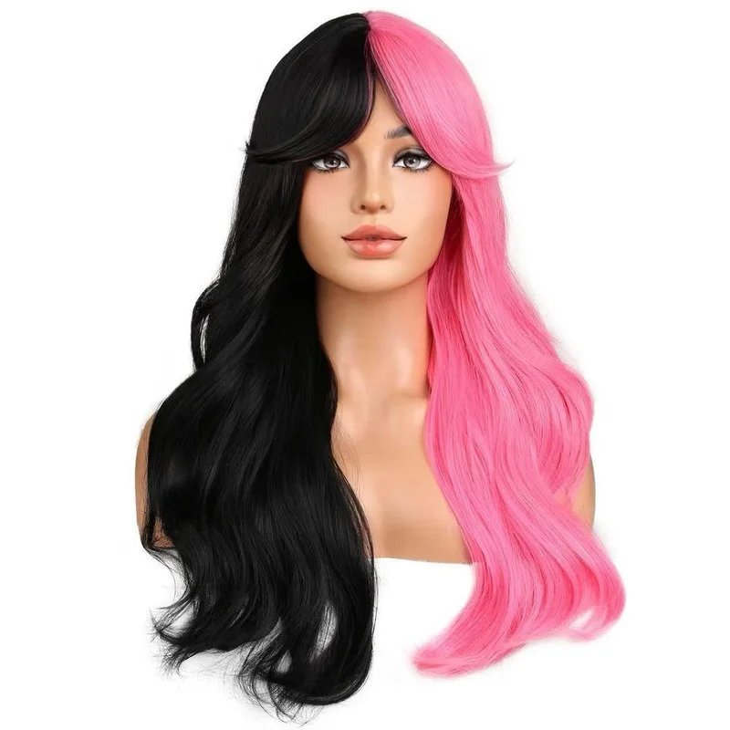 Black and Pink Wigs Long Wavy Wig with Bangs for Women Girls Two Tone Curly H...