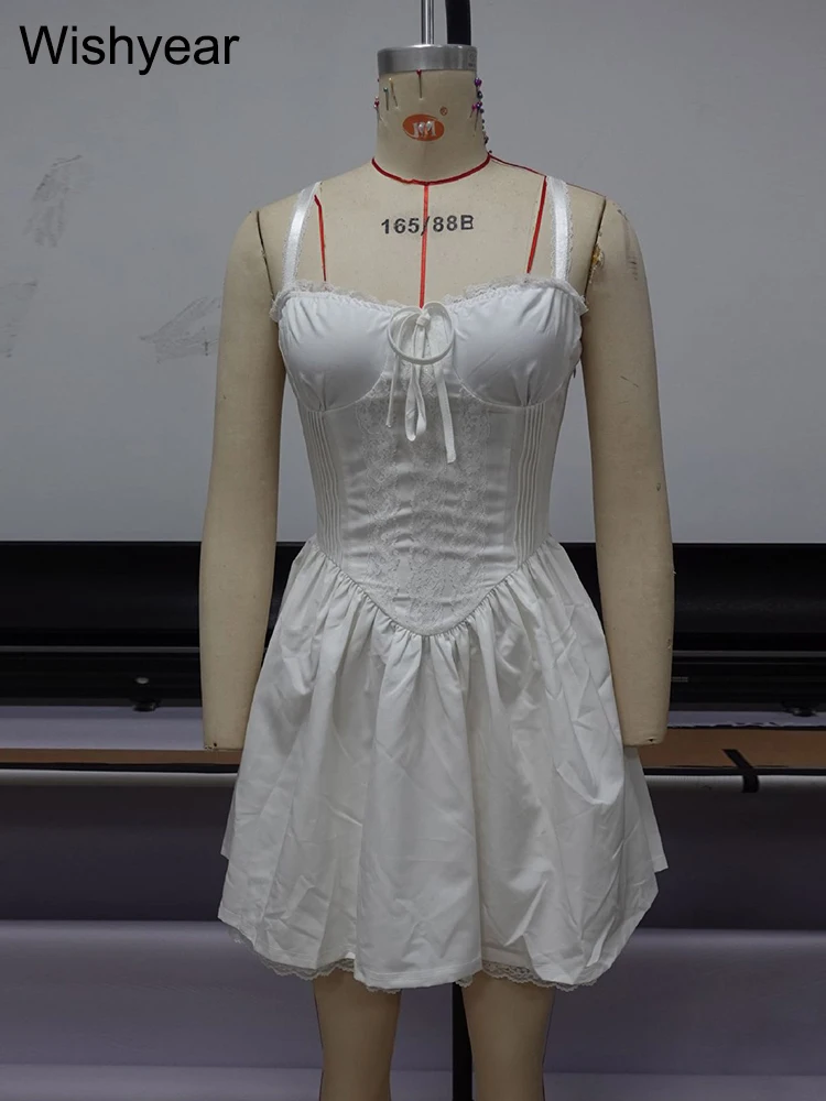 Wishyear エレガントなホワイト A ラインイブニングパーティーミニドレス女性のためのレースアップスパゲッティストラッププリーツホリデー誕生日プロムドレス