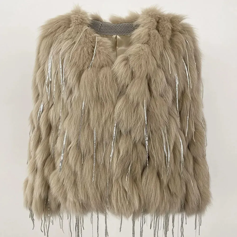 سترات من فرو الثعلب الحقيقي فاخرة موضة جديدة للشتاء معطف فرو الثعلب الطبيعي السميك سترات دافئة مبيعات ساخنة معاطف نسائية جديدة من الفرو بشراشيب #1