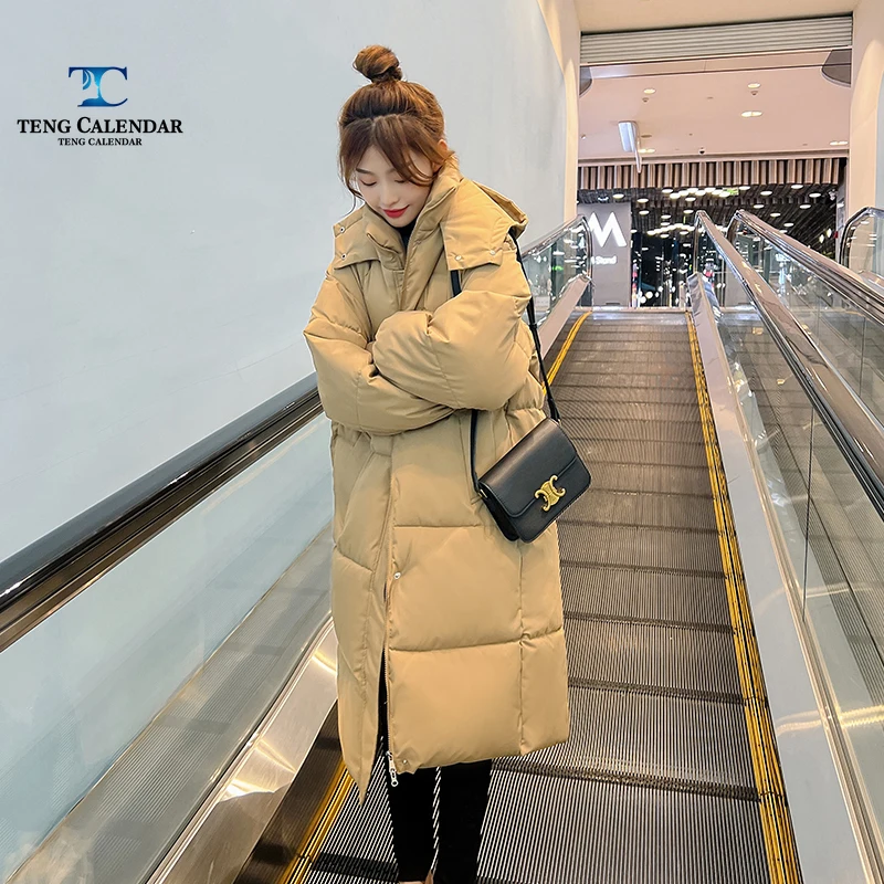 سترة قطن برتقالية، سترة خبز سميكة بغطاء للرأس متوسطة إلى طويلة بطول الركبة، طراز جديد لشتاء 2022 للسيدات #2