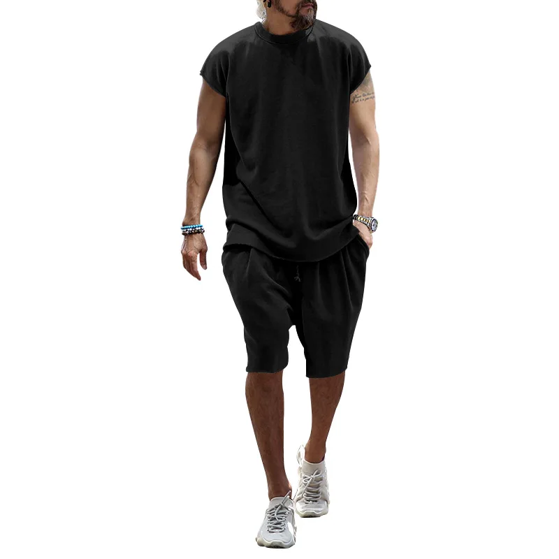 Summer Men\'s T-shirt+Shorts Two-Piece Street Hip Hop Suit Loose Short sleeve Shorts Solid color Shorts Pants