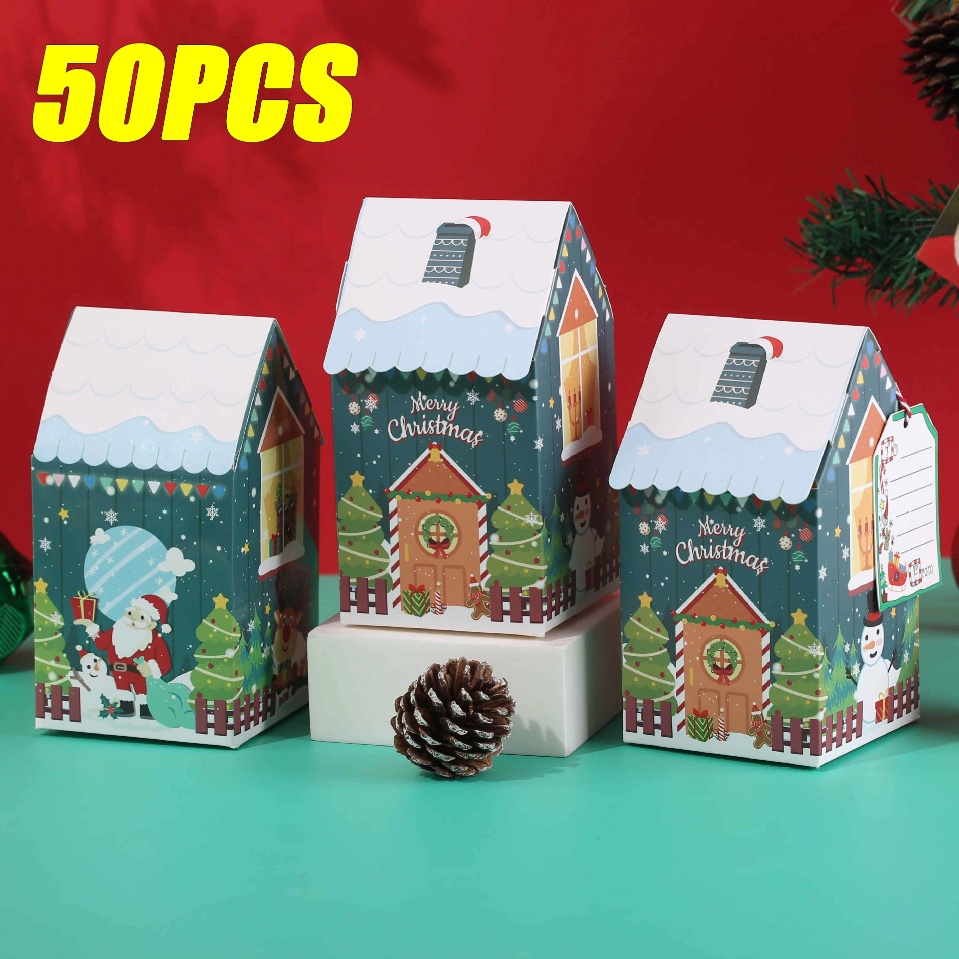 50PCS Christmas Gift Boxes Snowman Gingerbread House Little House Candy Biscuit Boxes Gift Colour Boxes Christmas Decoration