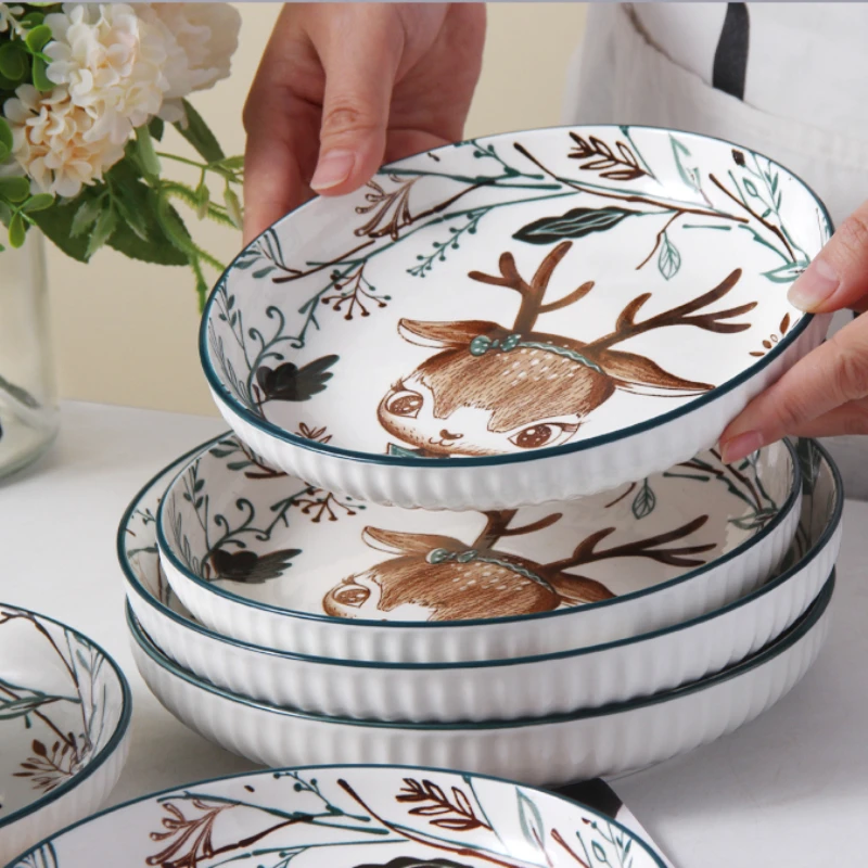 Nordic Ceramic Hand-Painted Glazed Color Plate Bowl Cartoon Deer Household Anti-Hot Baking Plate Forest Animal Tableware