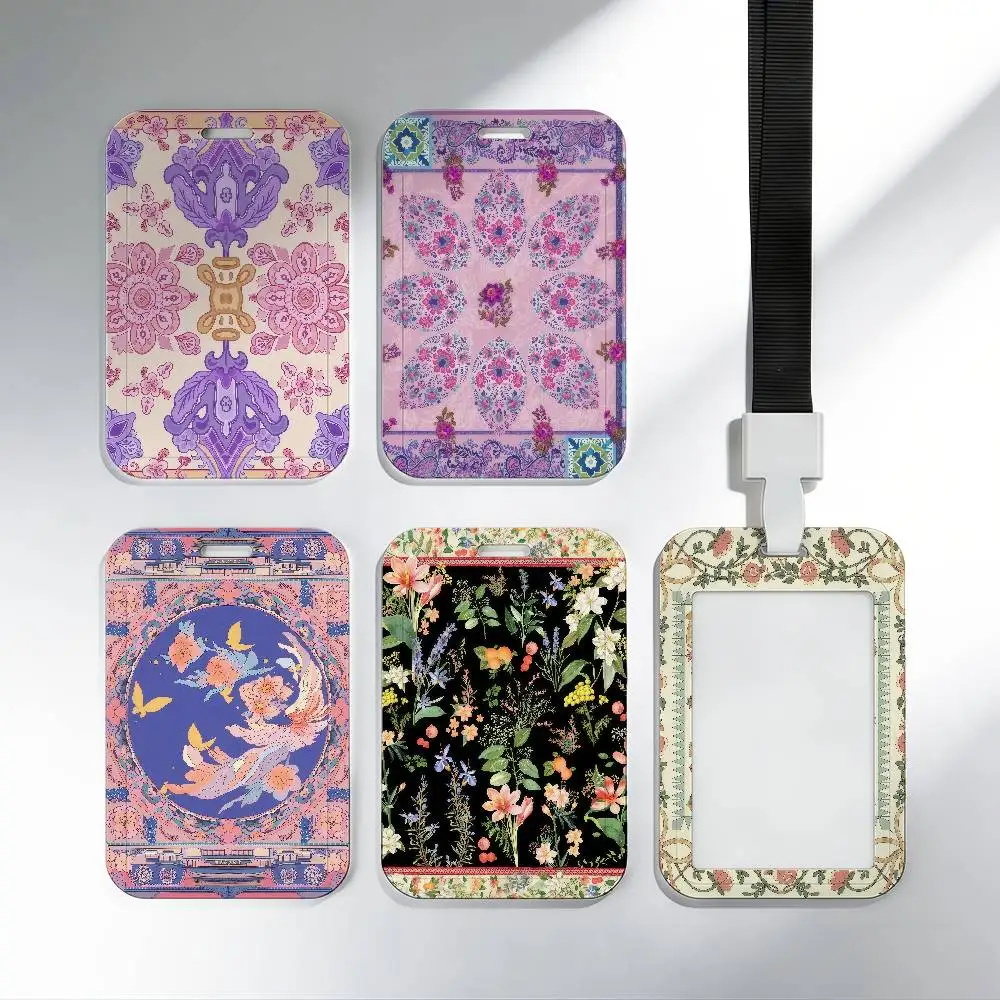 Retro Fashion Vintage Floral Symmetrical Art ID Credit Card Badge Holder Business Pass Hang Rope Keychain Credential Holder