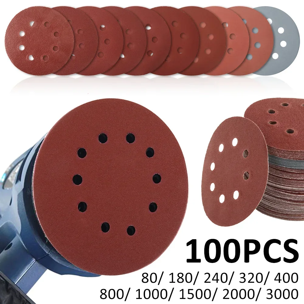 

100Pcs 125mm Sanding Discs 8 Hole Hook Loop Sandpaper 80Grit-3000Grit Sanding Paper 5Inch Sanding Disc Abrasive Polishing Tools