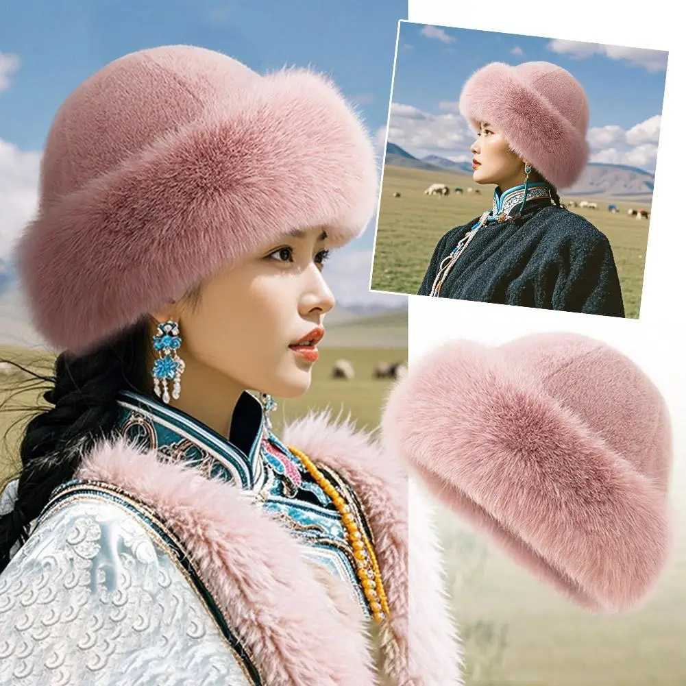 Women's Fashion Fur Cap Fur Hat Autumn And Winter Fur Hats Mongolian Hat Brimless Plush Fluffy Skiing Riding Warm Caps