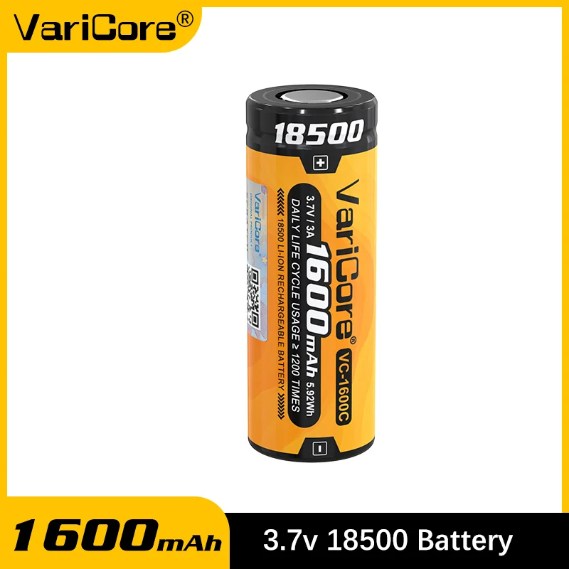 

VariCore VC-1600C 18500 Battery 1600mAh 3.7V Lithium Rechargeable High Drain 3A Discharge for Flashlight Vape
