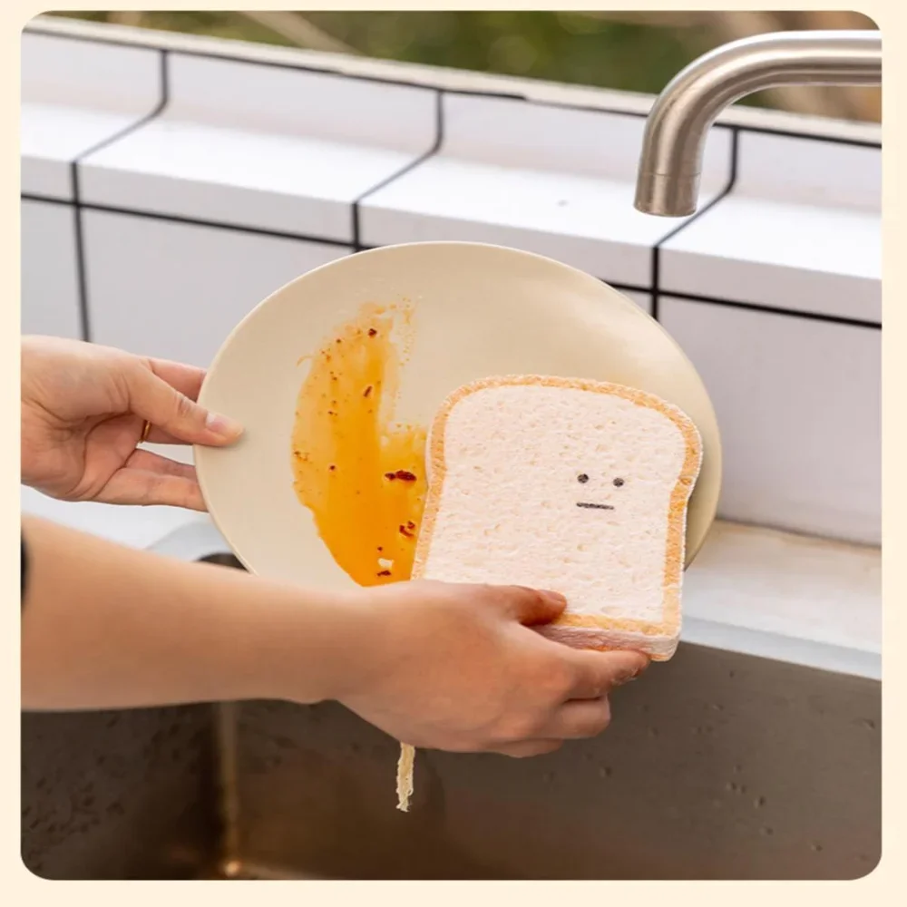 

Toast Shape Dish Washing Sponges With Lanyard Wood Pulp Non Scratch Cute Creative Scrubber Tools for Pots Home Kitchen , 1Pc