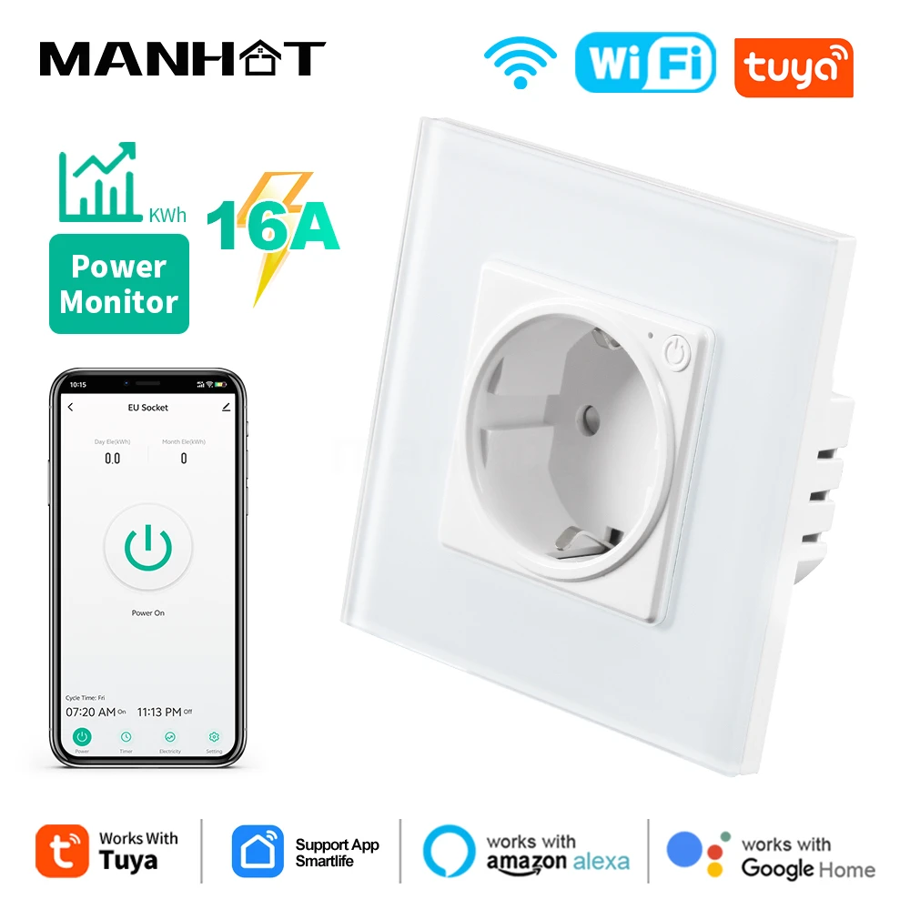 

Tuya Smart WiFi EU Розетка Стеклянная панель 16А Измерительные электрические розетки с железной панелью Основание Голосовое управление с Alexa Google Home