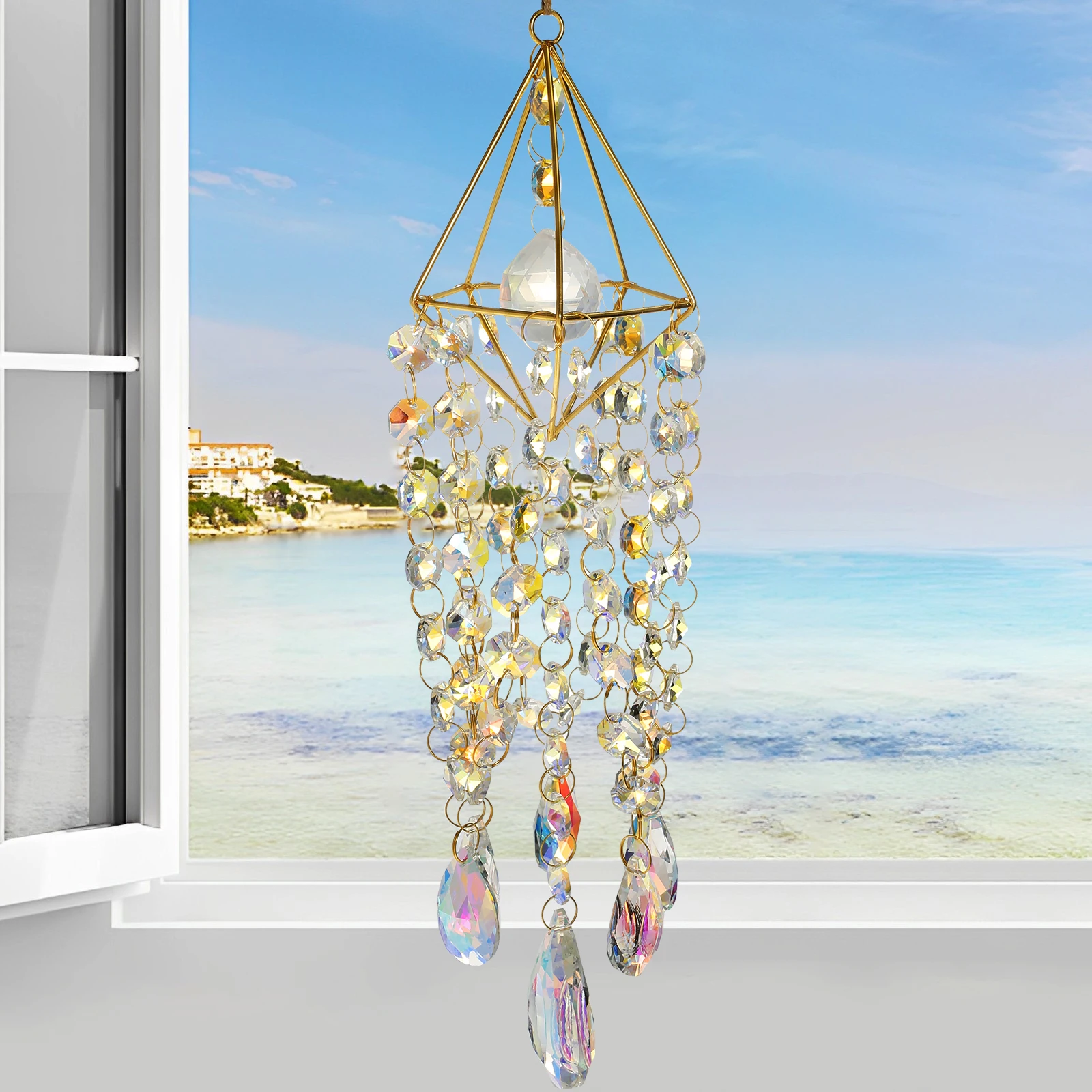 Crystal Suncatchers Wind Chime Hanging Crystal Wind Chimes Ornament Handmade Gold Plated Crystal Prism Suncatcher Ornament