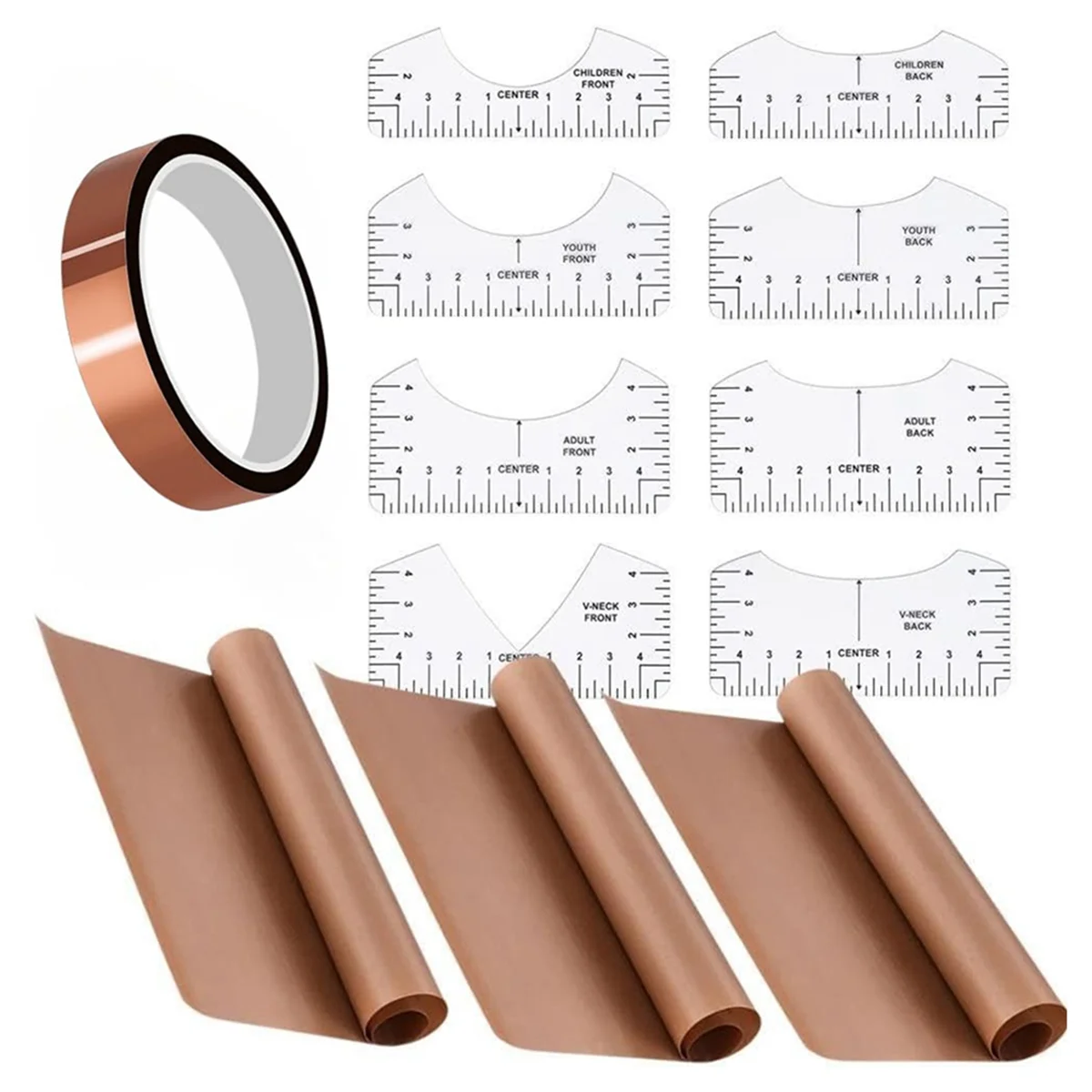 Tshirt Ruler PTFE-Sheets Heat Tape 3 PTFE Sheet for Heat Press,8 Tshirt Ruler Guide,1 Heat Resistant Tape