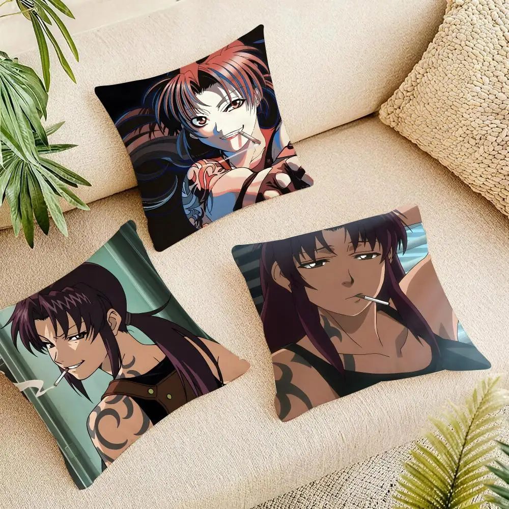 Japanese Anime B-Black Lagoon Cushion Cover Organic Linen Square Pillow Case Durable Non-Allergenic And Kind To Skin