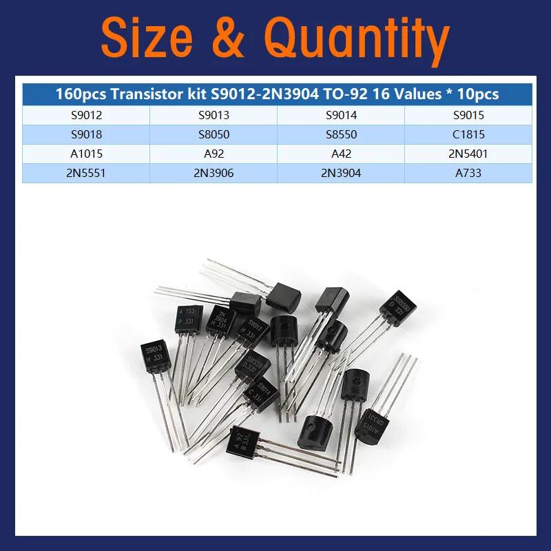 160PCS Triode Transistor Kit S9011 S9012 S9013 S9014 S9018 S8050 S8550 C1815 A1015 A92 A42 2N5401 2N5551 2N3906 2N3904 A733