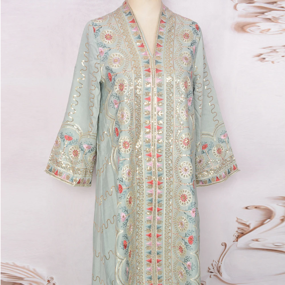 

2025 New Muslim Abaya Dress V Neck Loose Fit Luxury Sequins Maxi Kaftan Dubai Evening Gown Elegant Casual Clothing