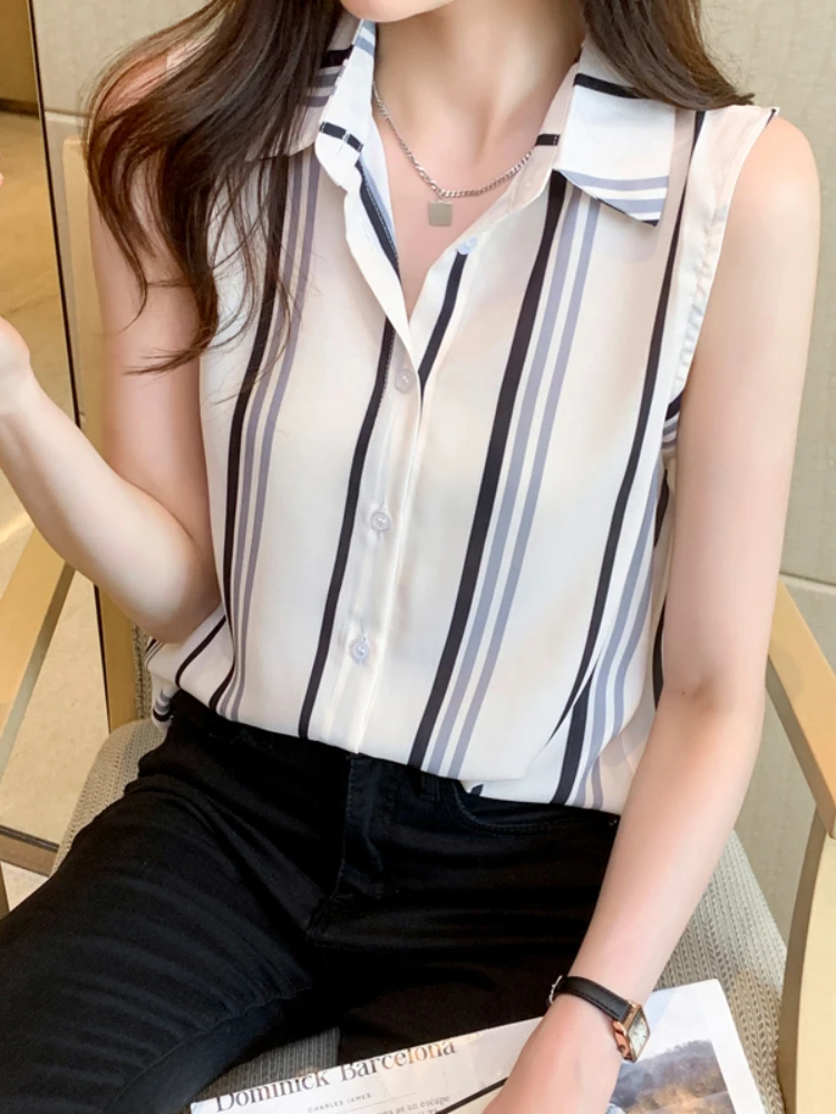 Stripe Summer Women\'s Shirt Chiffon Blouses for Women Sleeveless Shirt Basic Elegant Female Clothing Button Up Shirt Womens Tops