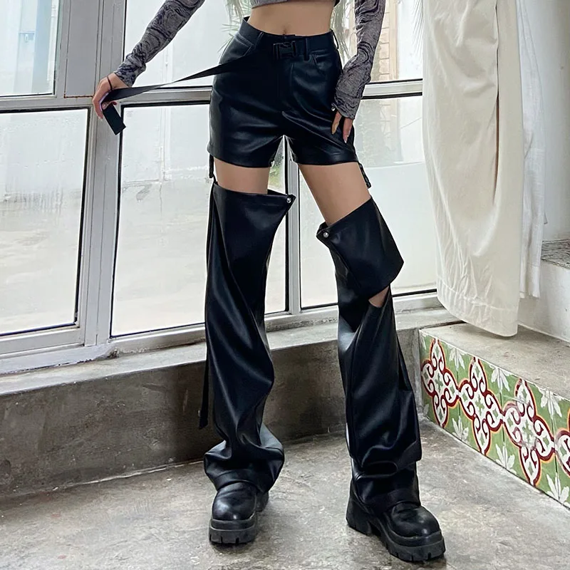 2024 Spring Autumn New Bag Buckle Leather Black Hollow Leather Pants Women\'s Design High Waist Loose Straight Tube Trendy Pants