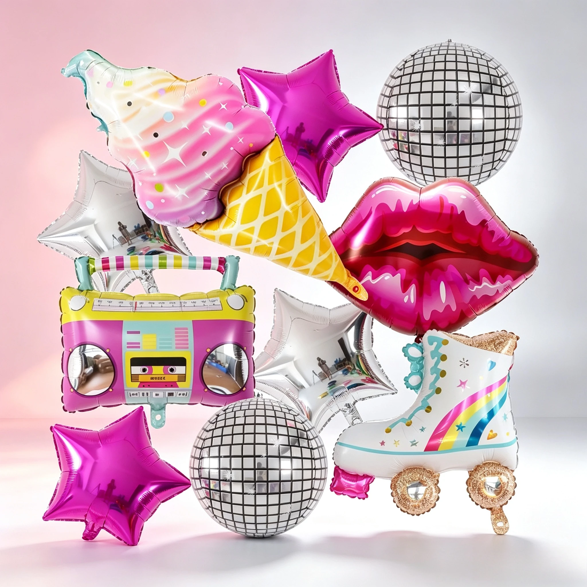 10 Stück 22 Zoll 4D Regenbogen Rollschuh-Ballon Boom-Box-Ballon Disco-Ballons 80er 90er Retro-Thema Geburtstagsparty-Dekoration