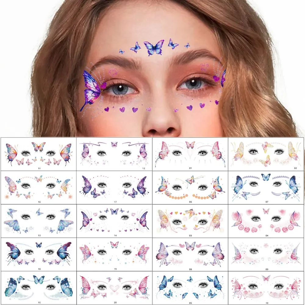 10pcs Glitter Temporary Tattoo Stickers for Face Makeup Butterfly Fake Tattoo for Women Eyebrow Decals for Party and Performance