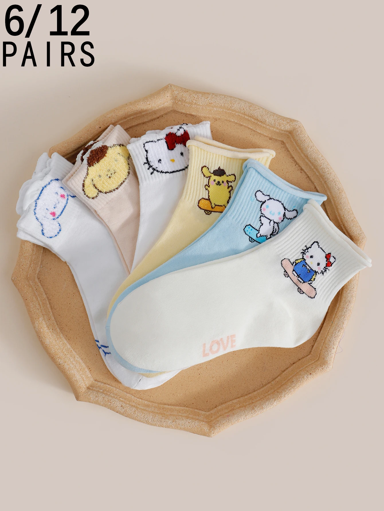 

6/12 Pairs of New Retro sanrio Cartoon pattern Cute and sweet Women's Mid-Calf Socks