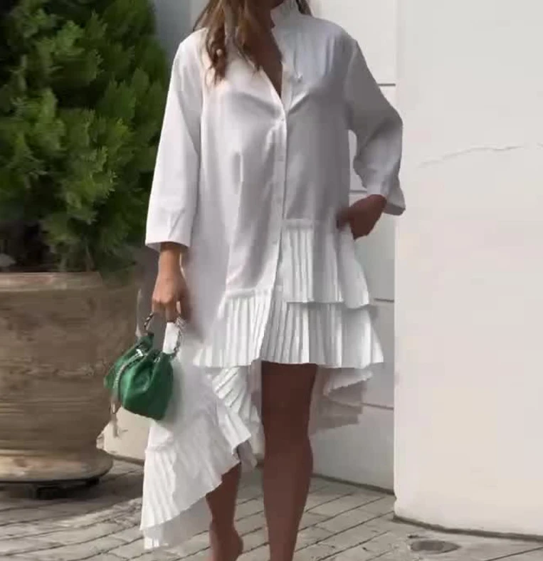 

Women Casual Dress Solid Color Stand Collar Pleated Lyered Ruffle Asymmetrical Hem A-line Shirt Dress Fashion Celebrity Style