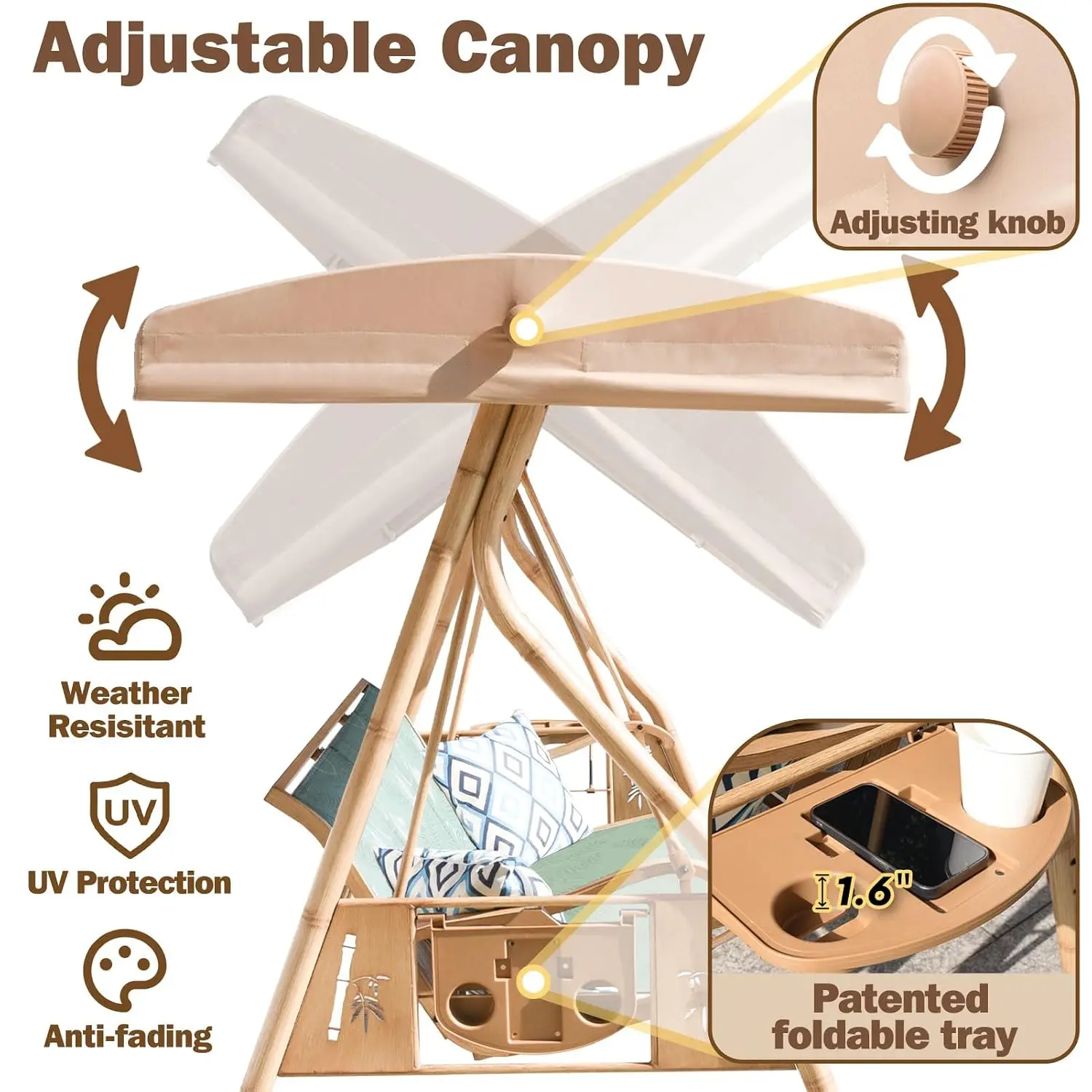 3 Person Patio Swing with Adjustable Canopy & Cup Holders, Textilene Fabric Porch Swing with Stand 800 LBS, Customized