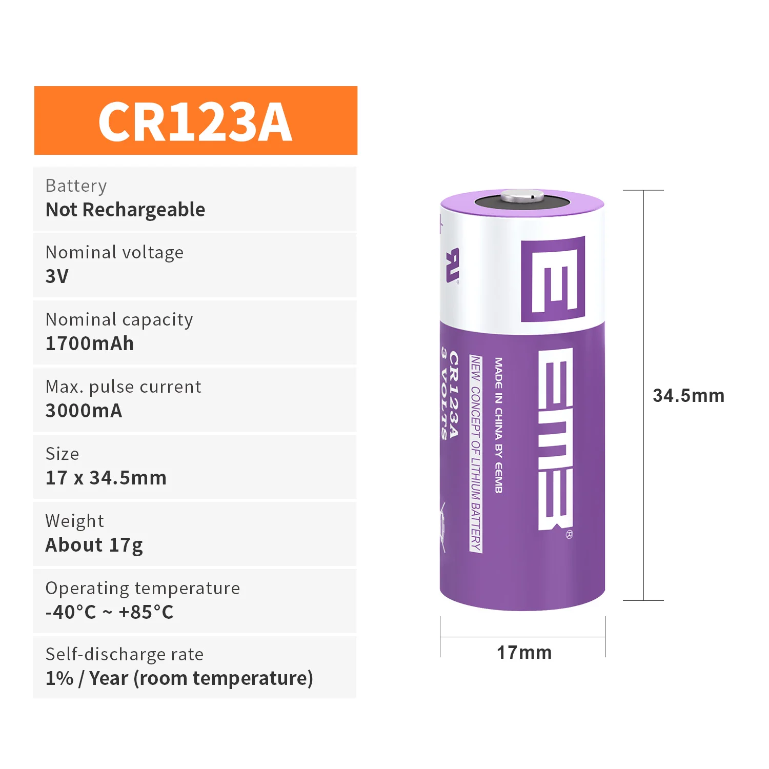 EEMB CR123A 3V Lithium Battery 1700mAh Non-Rechargeable Battery for Microphones Camera Smoke Detector Doorbell Flashlight