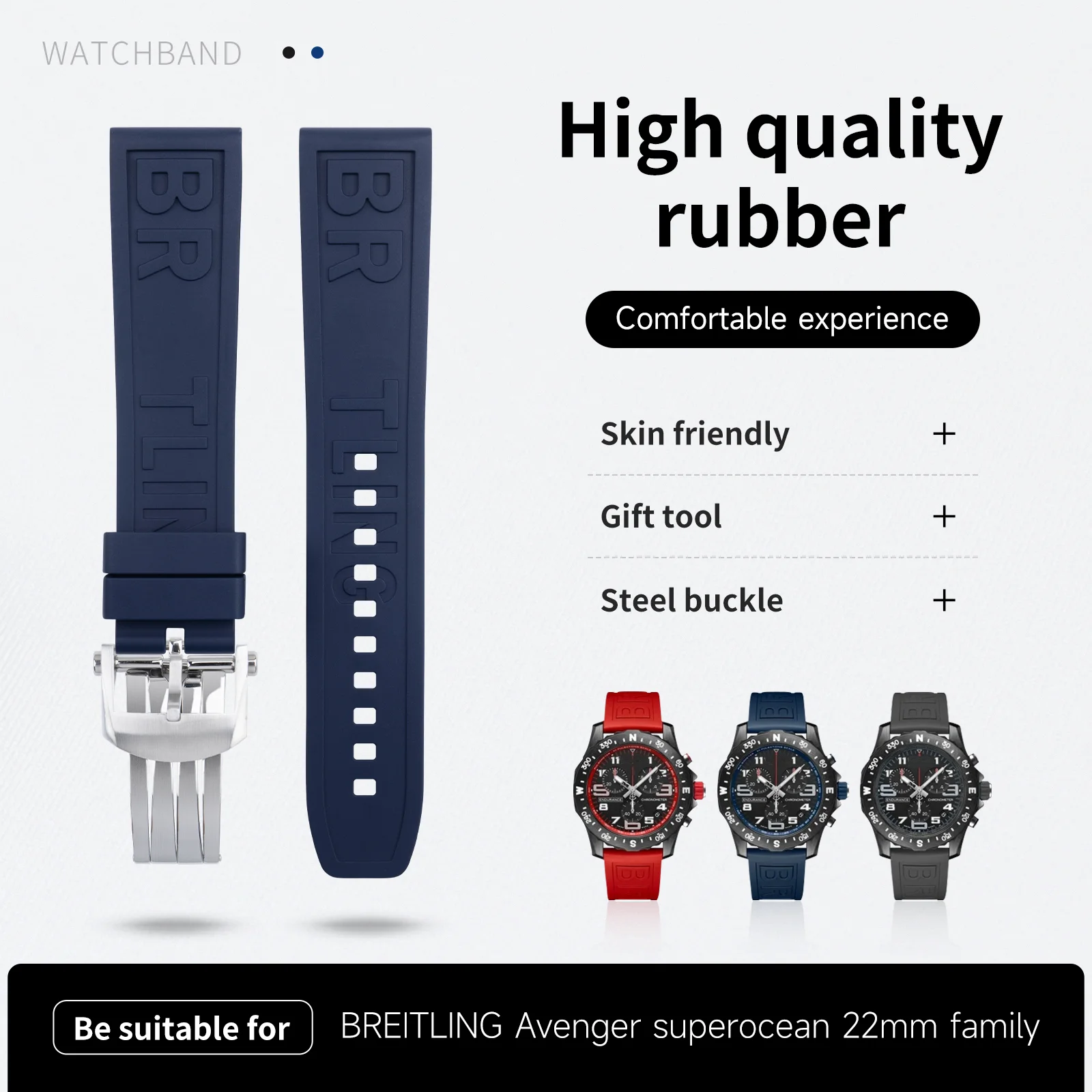 Natural Fluororubber FKM Rubber Letter Watchband 22mm For Breitling Strap For Professional Superocean Navitimer Bracelet Clasp