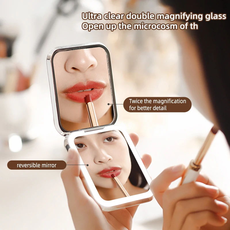 LED Makeup Mirror Double-sided Folding 2X Magnifying Infinitely Dimmable Compact Portable Mirror Gifts With Type-C CableRecharge