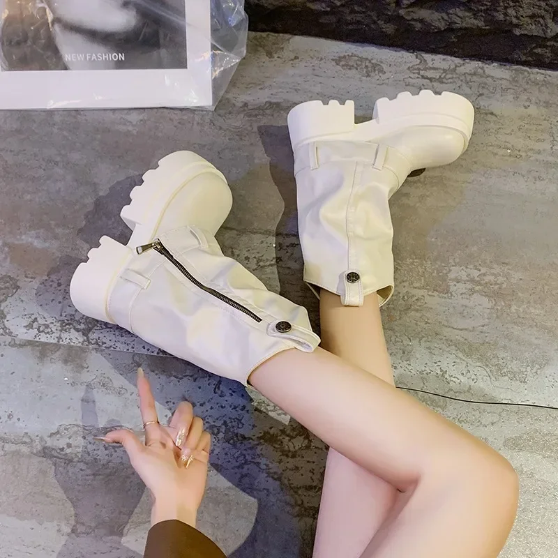 Sepatu bot kulit lembut, sepatu bot wanita Chunky, sepatu bot Platform tinggi, musim dingin, sepatu bot pendek Ankle kulit lembut, 6CM