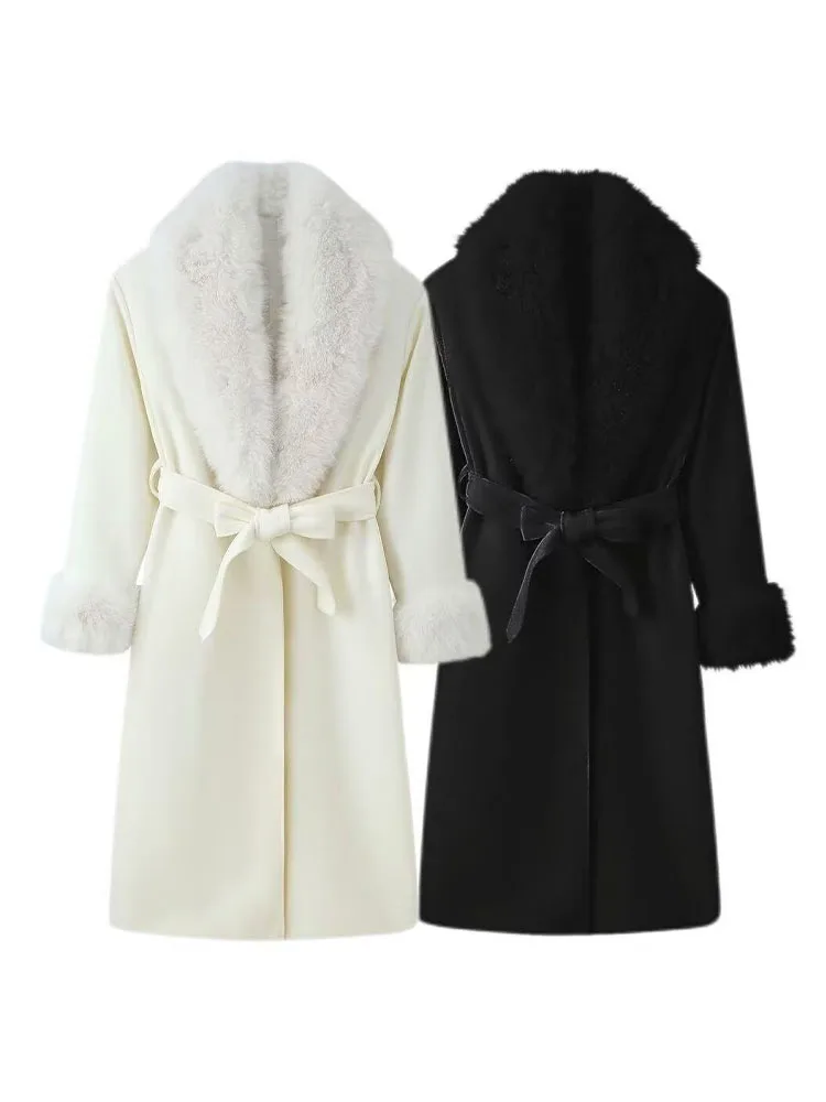HH New Woman Winter Fashion Versatile Faux Fur Effect Lapel Long Sleeves Belt Long Coat Female Casual Commuting Long Overcoat