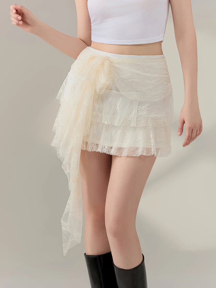 Women Y2k Lace Ruffle Mini Skirt Elastic Waist Layered Flared Pleated A-line Skirts Swing Beach Short Skirt