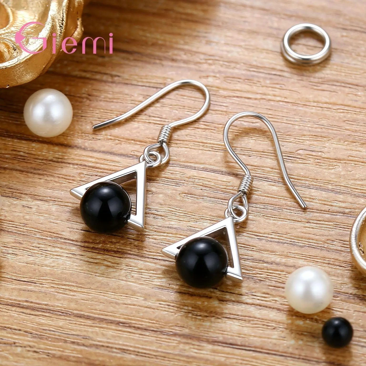 Simple 925 Sterling Silver Triangle Black Resin Ball Drop Earrings For Women Girls Anniversary Party Jewelry Gifts Accessory