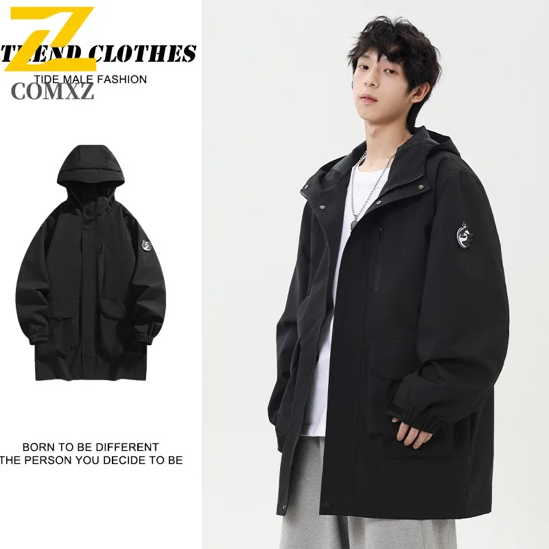 COMXZ 2025 Spring Long Workwear Jacket Men Hooded Casual Windproof Coat Trendy Mid Length Trench Coat Lightweight